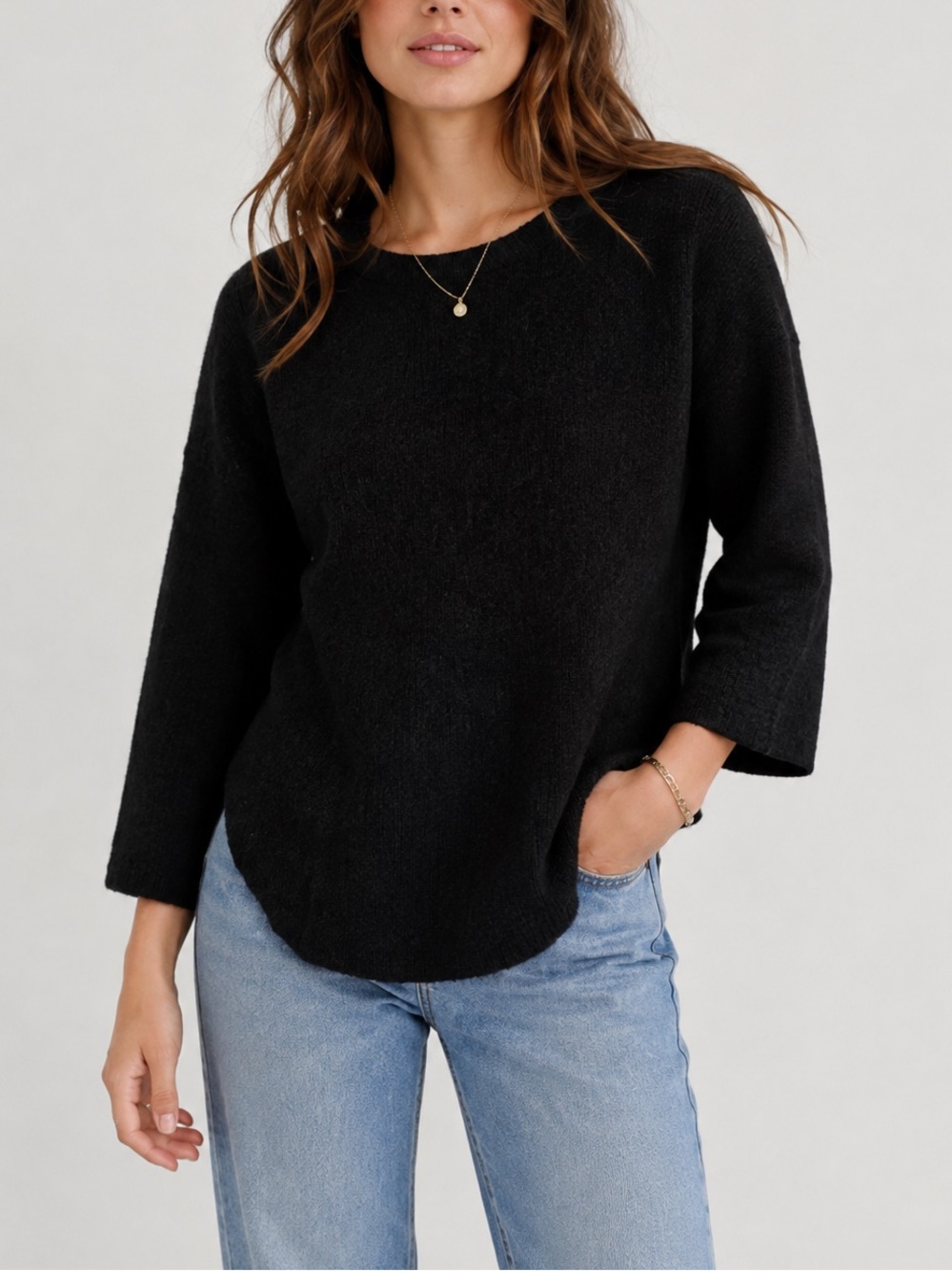 OAK + FORT Wool Blend Black Knit Sweater Minimalist 3/4 Sleeve Jumper Classic